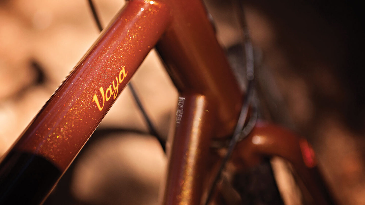 Close-up of a bicycle frame with 'Vaya' branding on a blurred background
