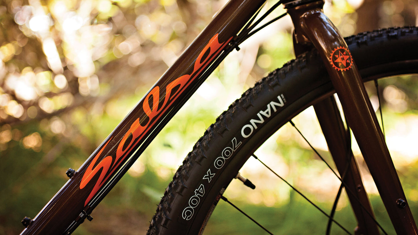 Close-up of a bicycle with 'Salmo' branding against a blurred natural background