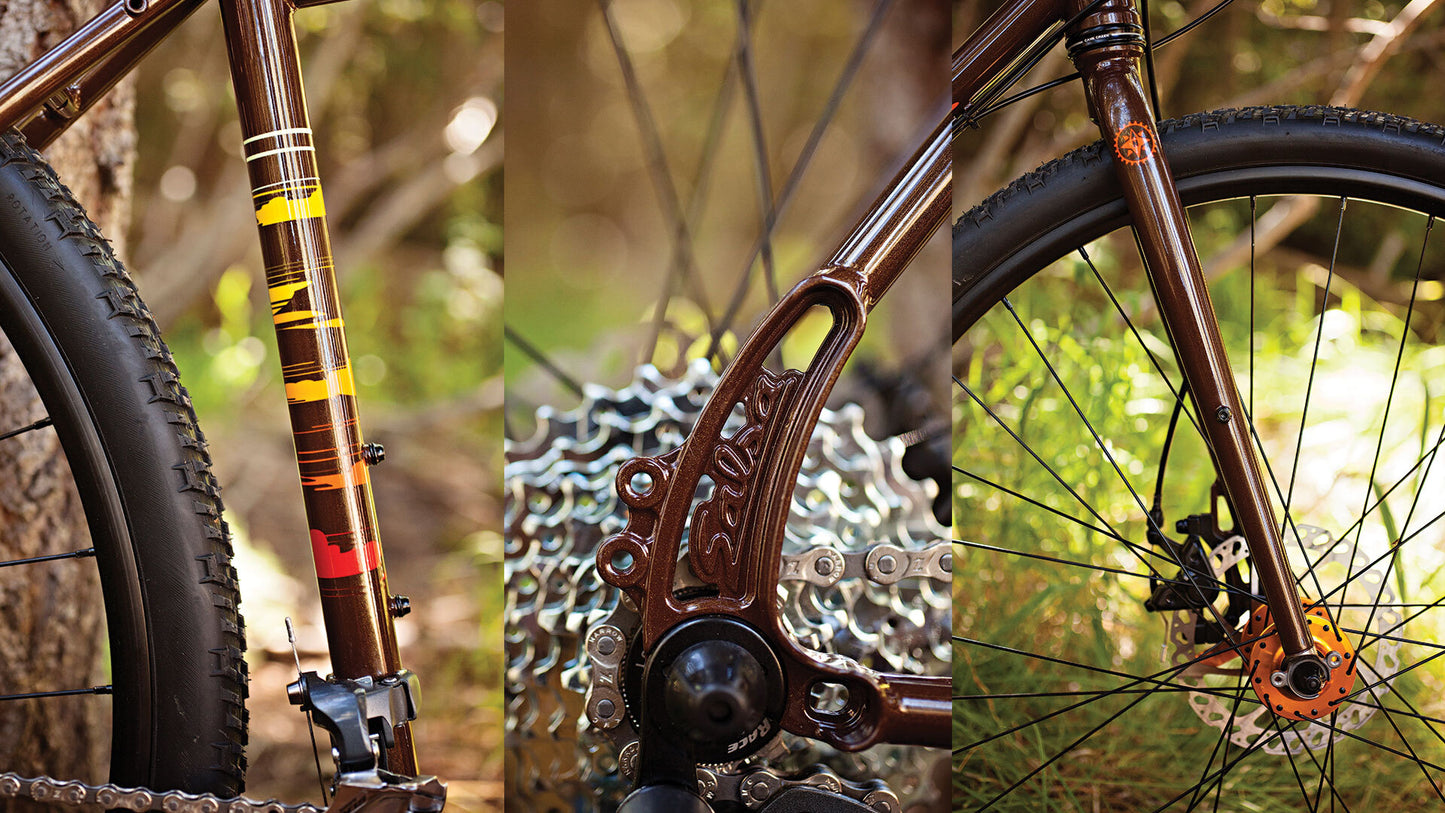 Close-up of a bicycle with a focus on the frame, chain, and wheels in a natural setting.