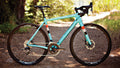 Warbird Carbon Rival bike light blue color side view on a dirt path with greenery in the background