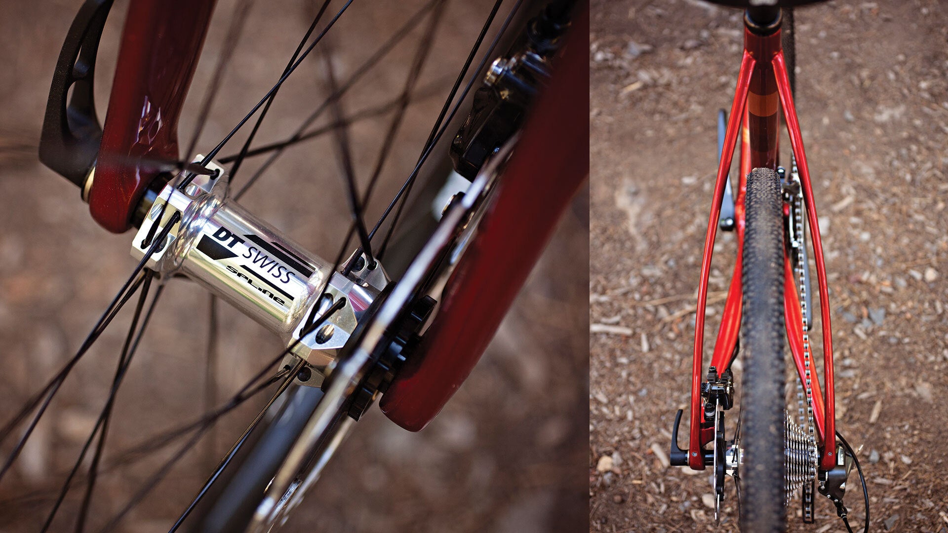 Close-up of a bicycle wheel with DT Swiss hub and red frame on a dirt road.