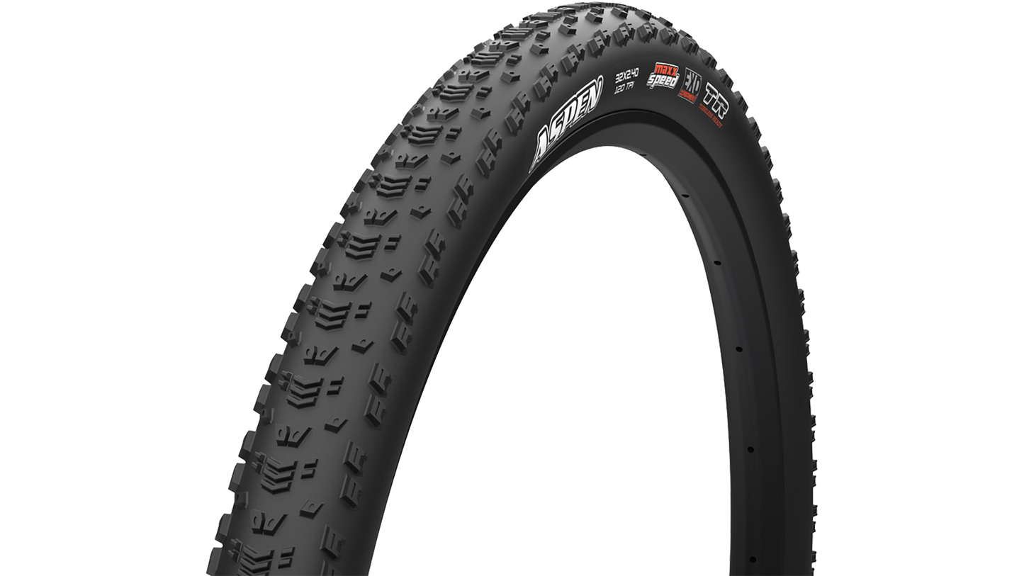 A Maxxis Aspen bicycle tire shown upright against a plain white background, with visible sidewall branding