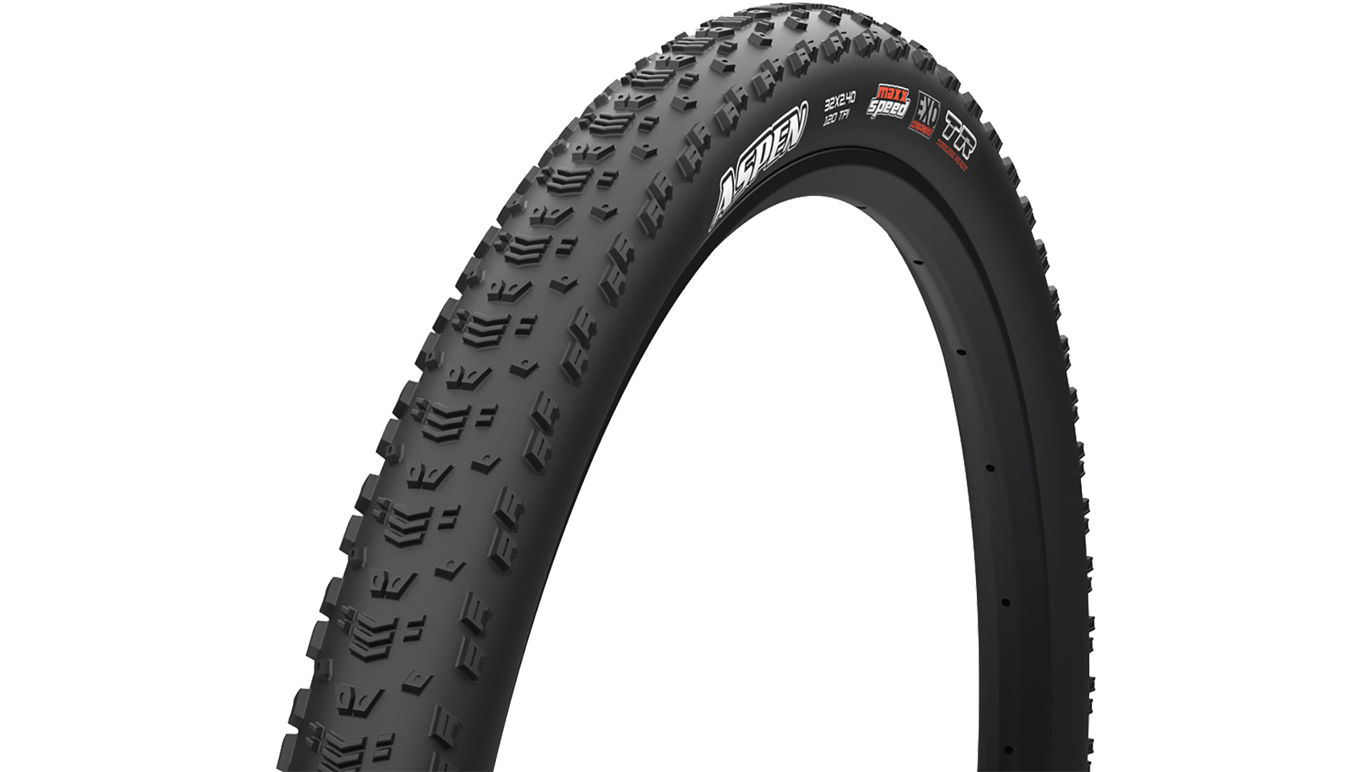 A Maxxis Aspen bicycle tire shown upright against a plain white background, with visible sidewall branding