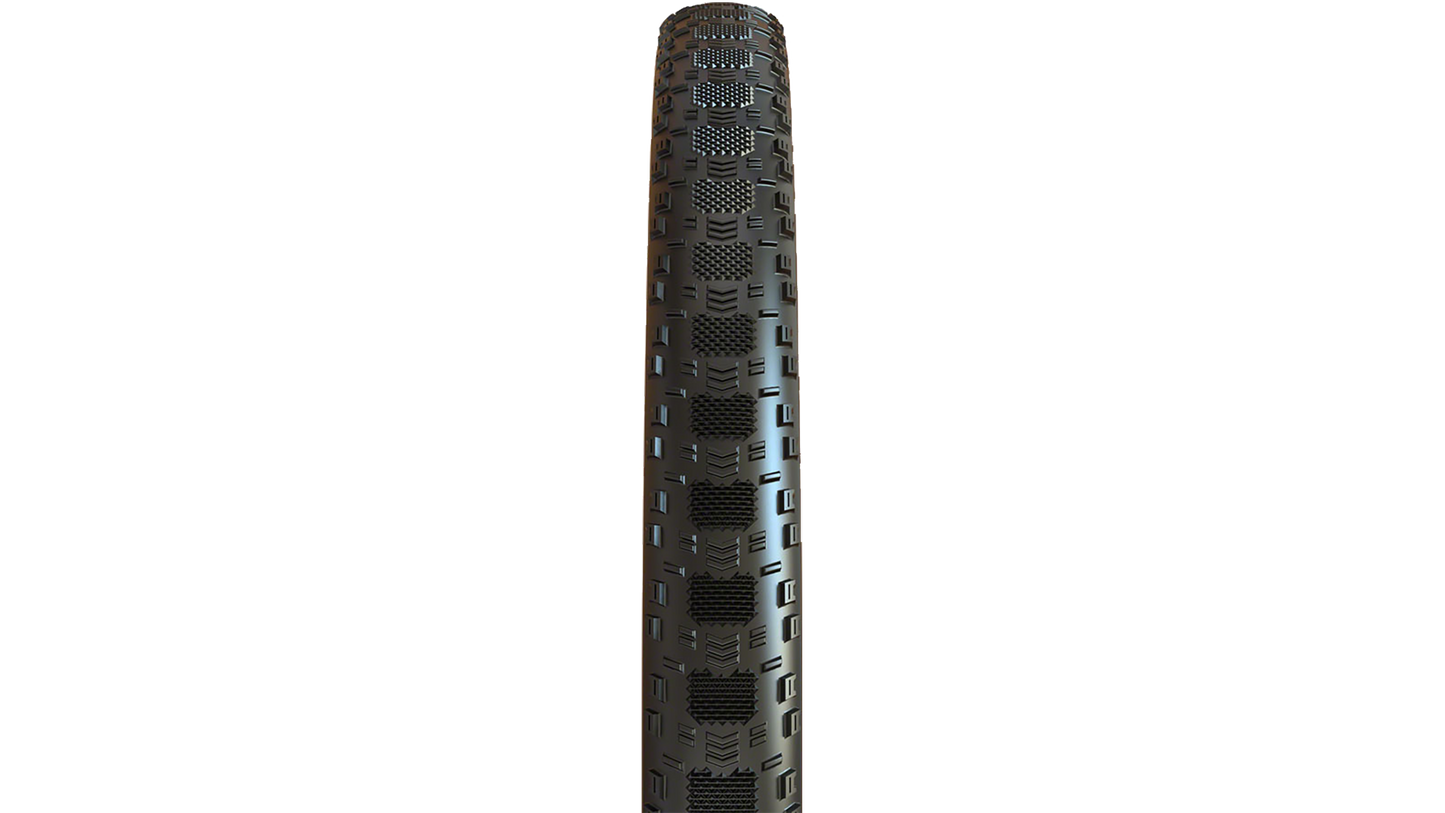 A single black bicycle tire shown vertically against a plain white background.