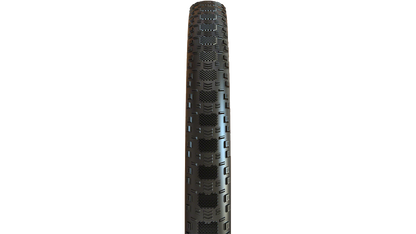A single black bicycle tire shown vertically against a plain white background.