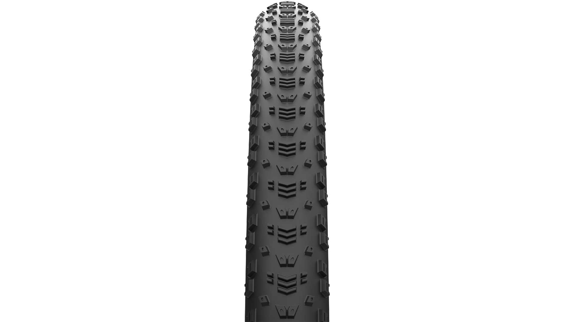 A single black mountain bike tire shown upright against a plain white background.