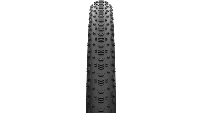 A single black mountain bike tire shown upright against a plain white background.