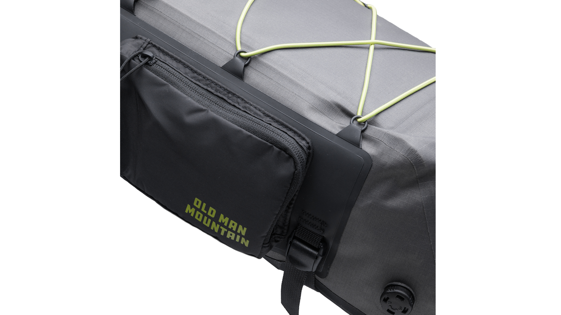 Closeup of zipper pouch on bag with 'Old Man Mountain' branding