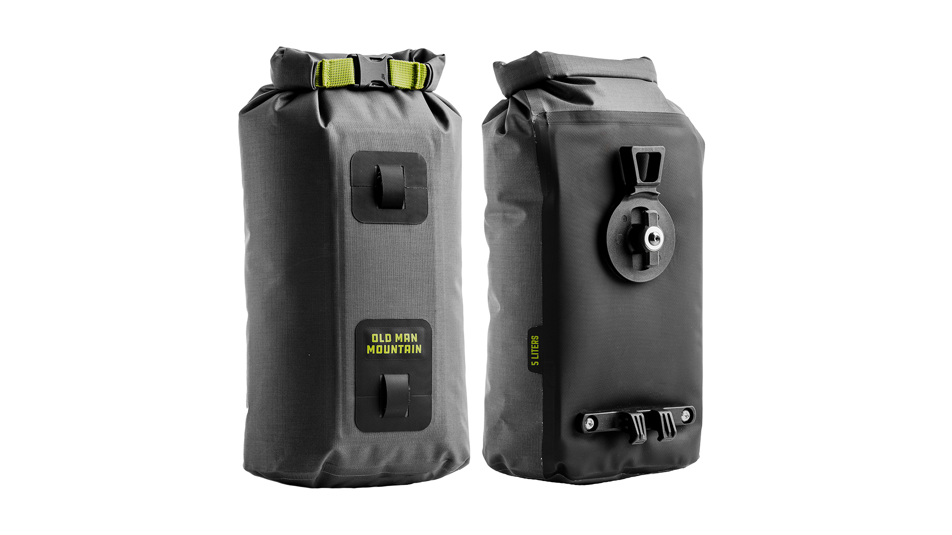 Two black Old Man Mountain Hemlock dry bags - front and back views. 