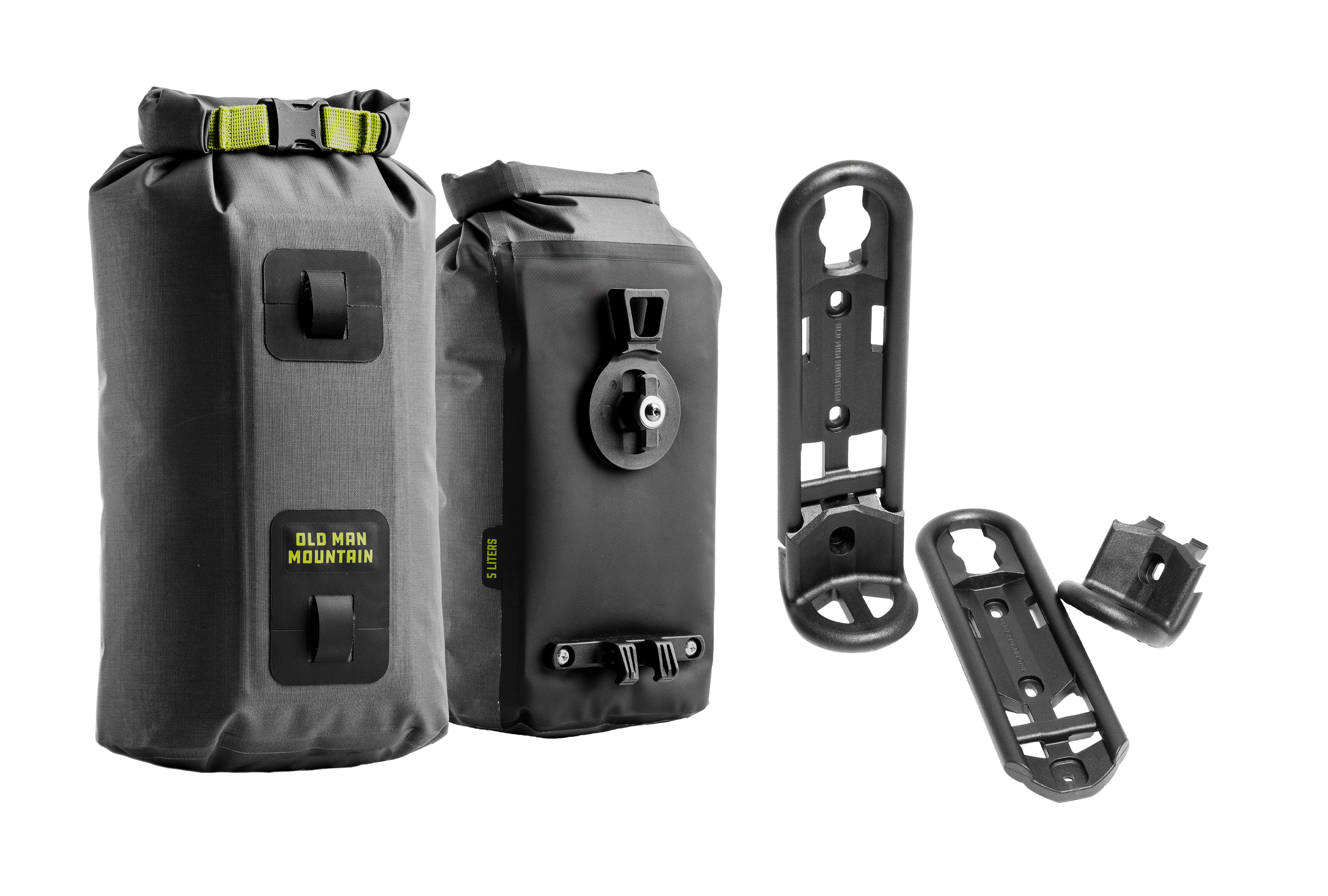 Two black Old Man Mountain Hemlock dry bags with their Flip mounts