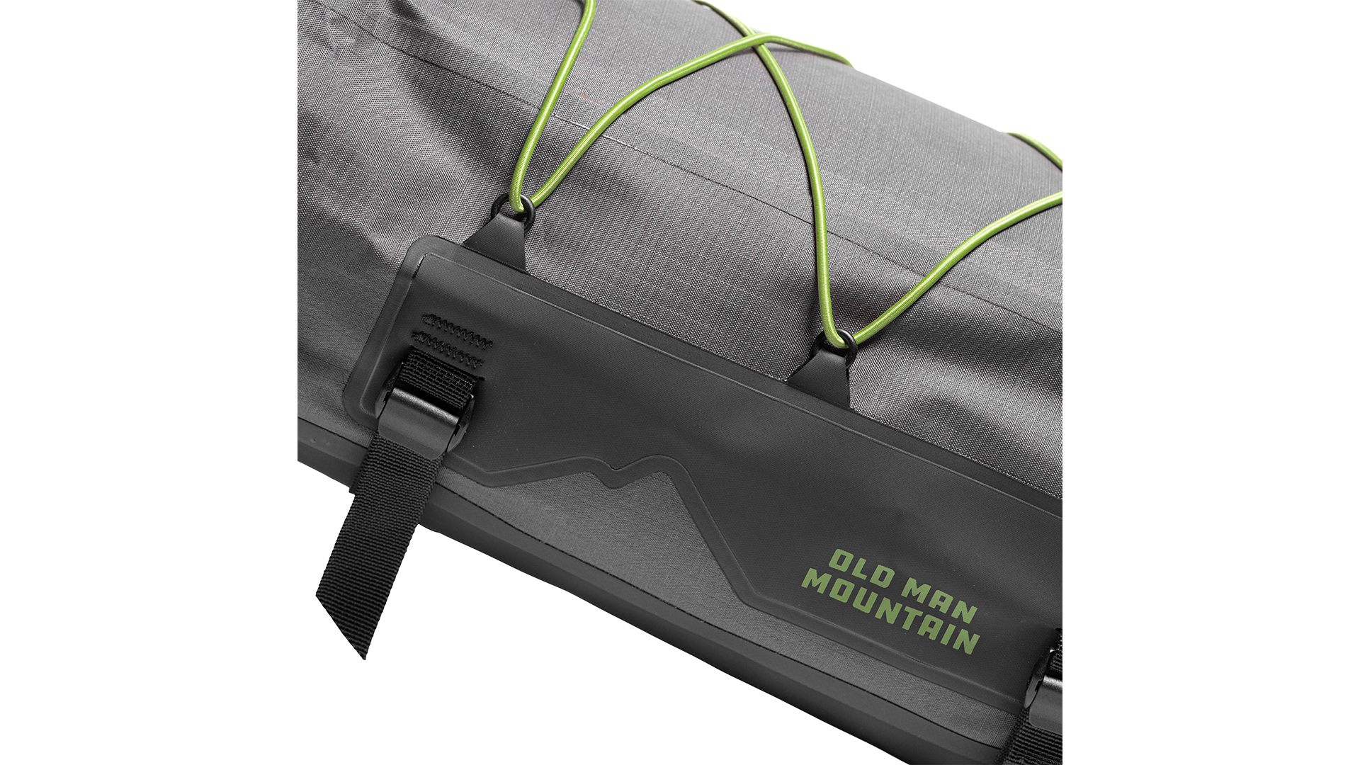 Old Man Mountain Atlas Rack Bag - Side detail view with "old man mountain" branding.