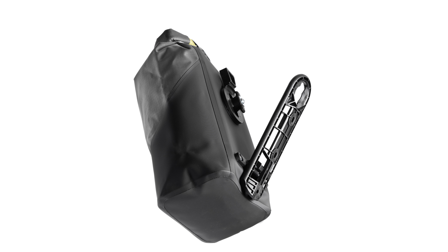 Black Old Man Mountain Hemlock dry bag shown being mounted to a Flip Cage