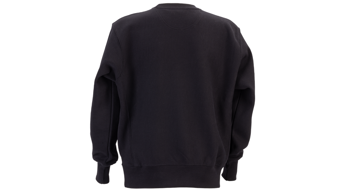 A black crewneck sweatshirt shown from the back, displayed on an invisible mannequin against a solid white background.