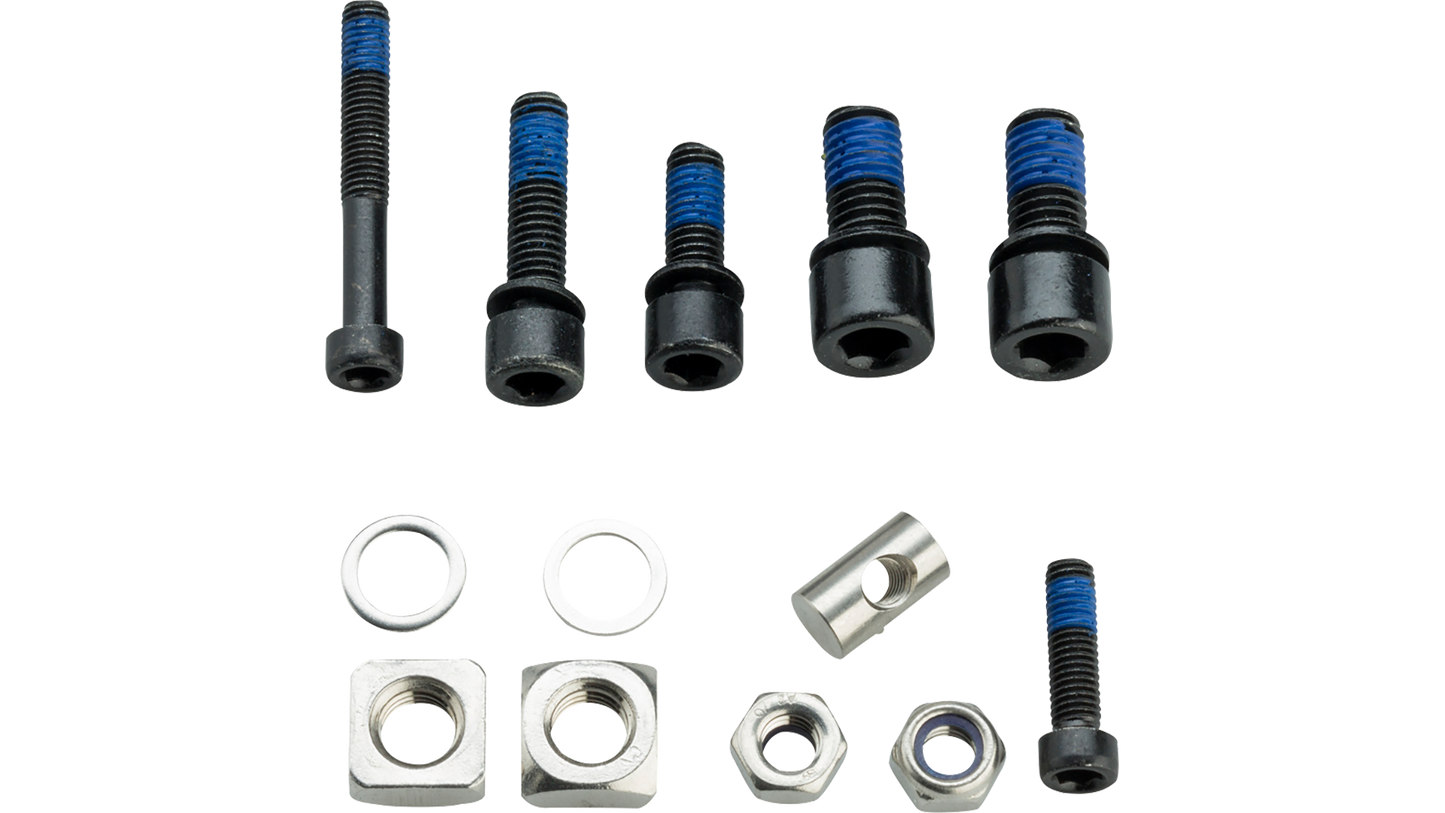 Set of screws and nuts with blue and black accents on a white background