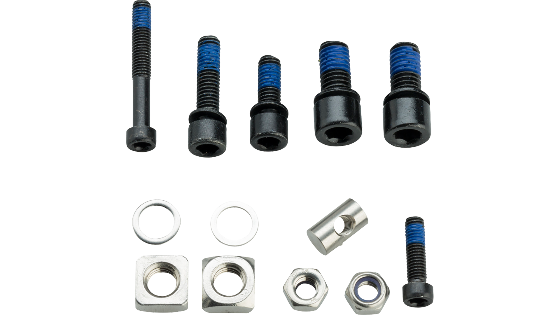 Set of screws and nuts with blue and black accents on a white background