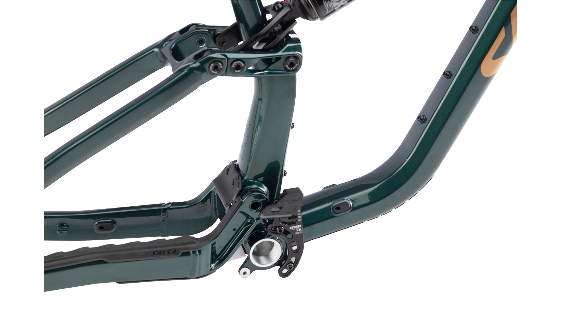 Salsa Blackthorn 145 Aluminum MTB Frame - Black Spruce - chainguide and bottom bracket view