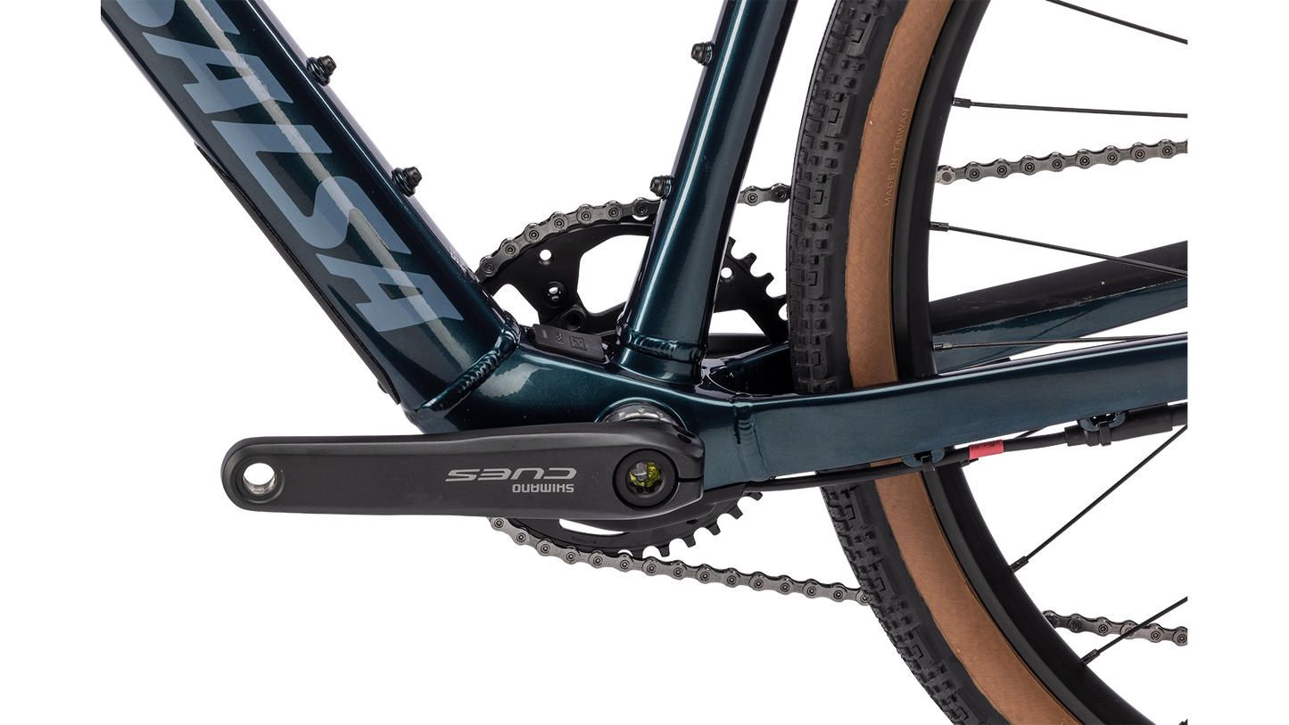 Salsa Confluence Cues 10 Dropbar Ebike - Midnight Blue - Crank and charging port detail view