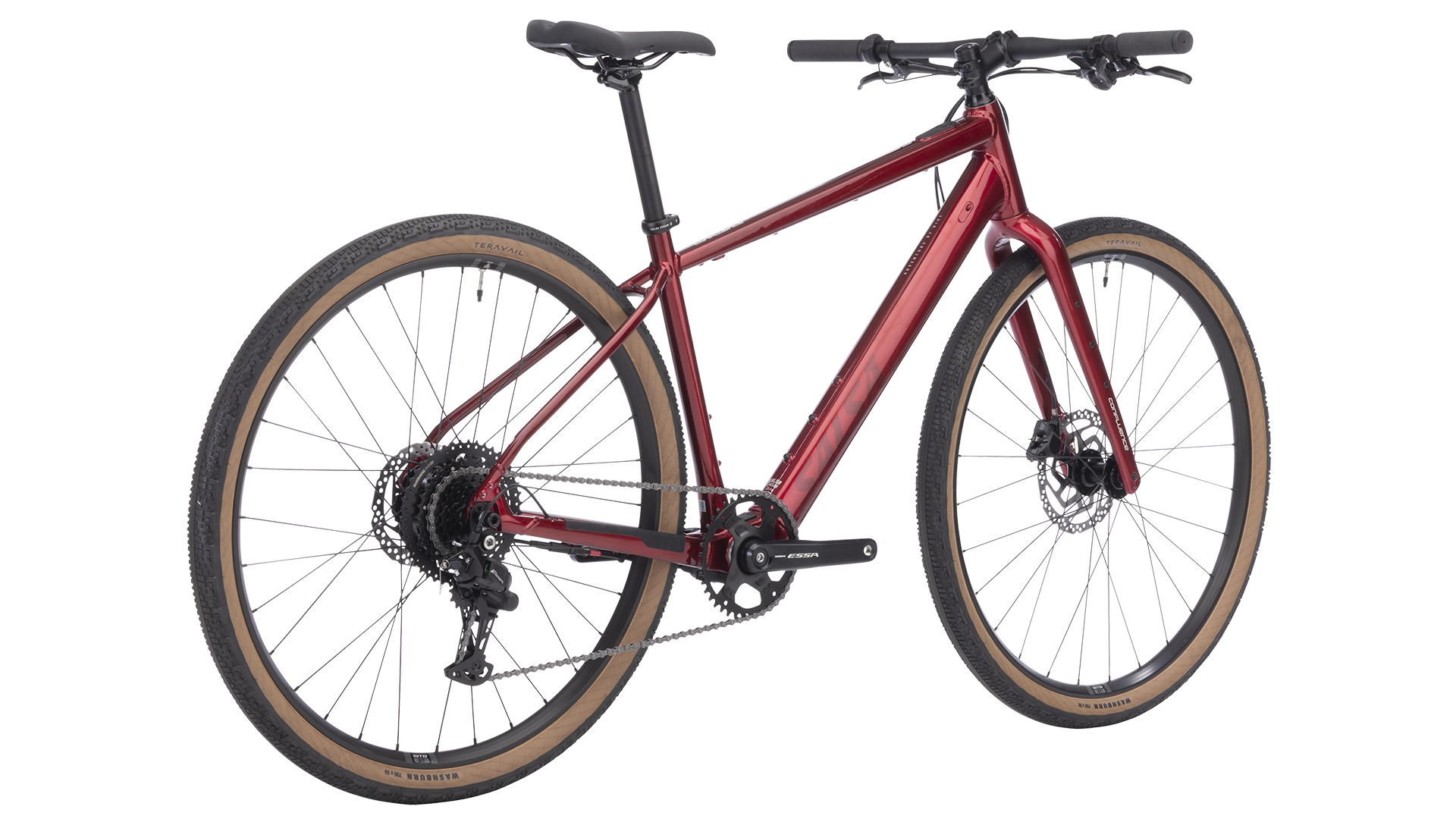 Salsa Confluence Flat Bar Essa 8 Ebike - Canyon Red - Drive side rear three quarter view