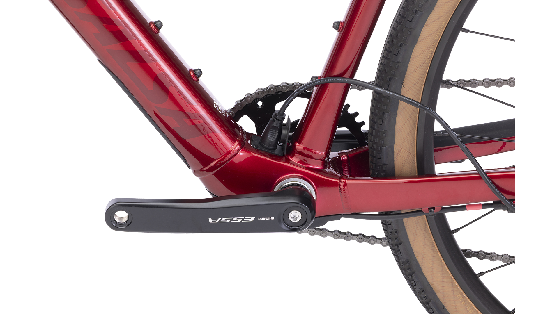 Salsa Confluence Flat Bar Essa 8 Ebike - Canyon Red - Frame Detail View with Power Cord Extending From Charging Port