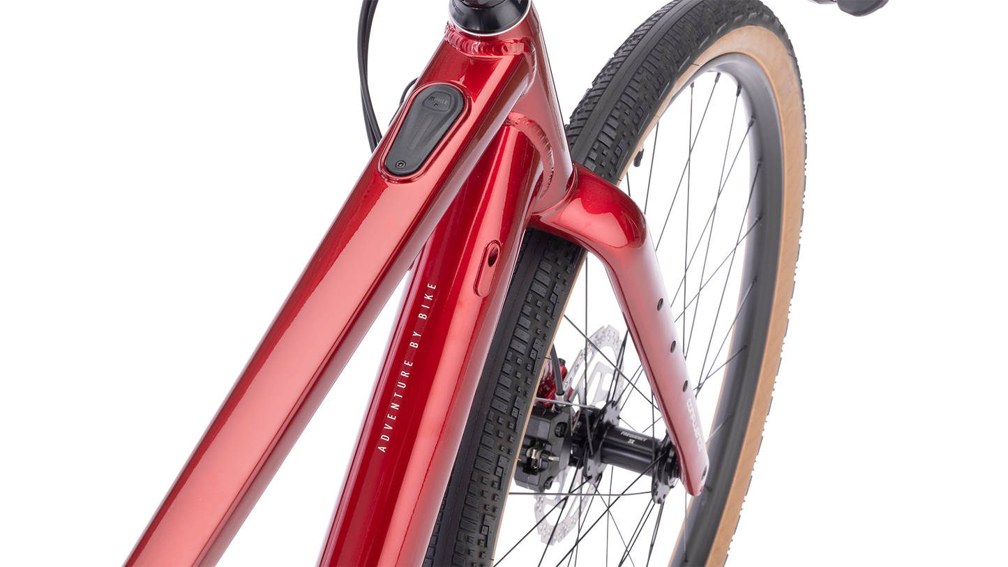 Salsa Confluence Flat Bar Essa 8 Ebike - Canyon Red - Power Button Detail View