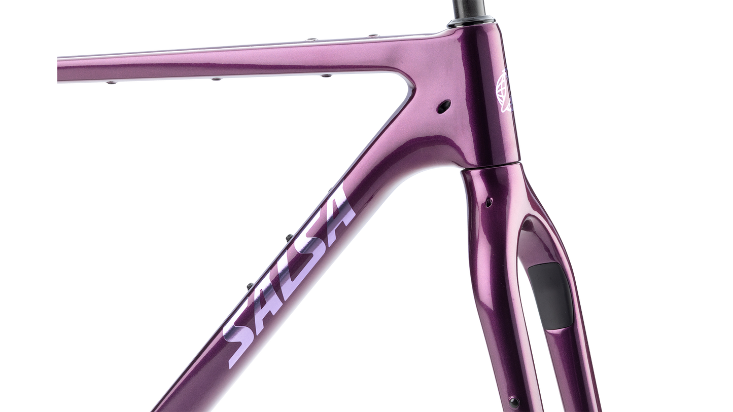 Salsa Cutthroat Gravel Bike Frameset - Deep Orchid - Steerer tube closeup view with "SALSA" branding on frame