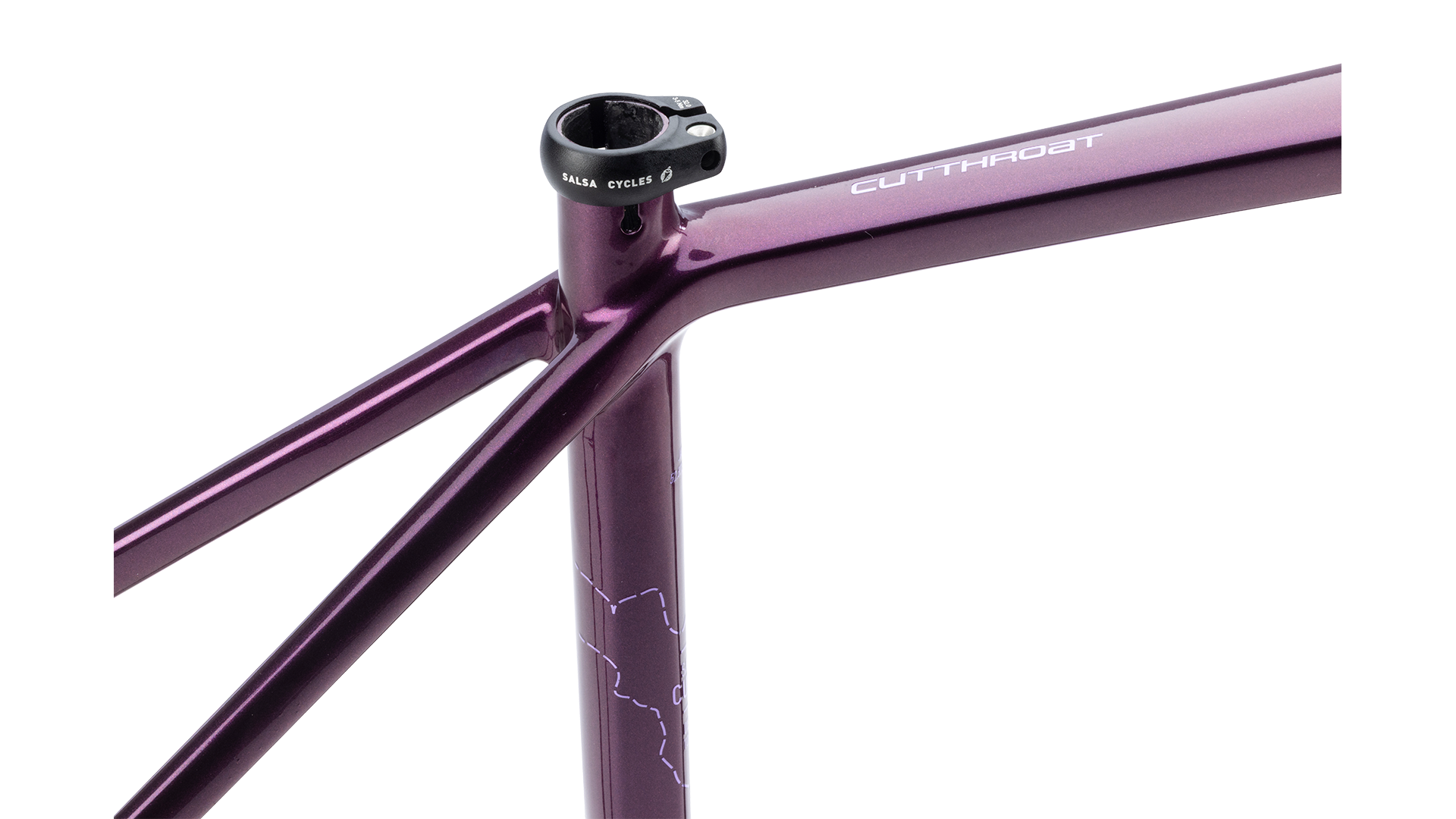 Salsa Cutthroat Gravel Bike Frameset - Deep Orchid - Seat tube closeup view with "Cutthroat" branding on frame