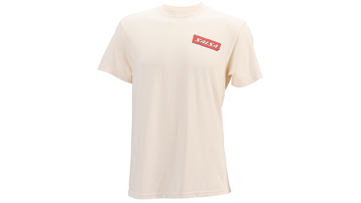 A cream-colored short-sleeve t-shirt with a red rectangular chest logo containing the brand name 'SALSA'. 