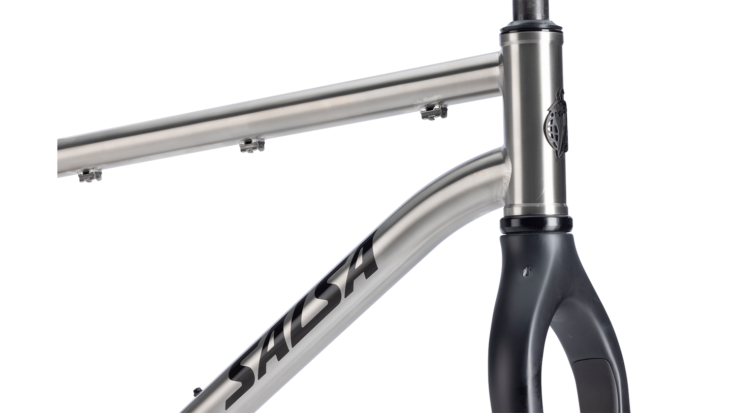 Salsa Fargo Ti Gravel Bike Frameset - Brushed Titanium - Closeup of steerer tube on frame