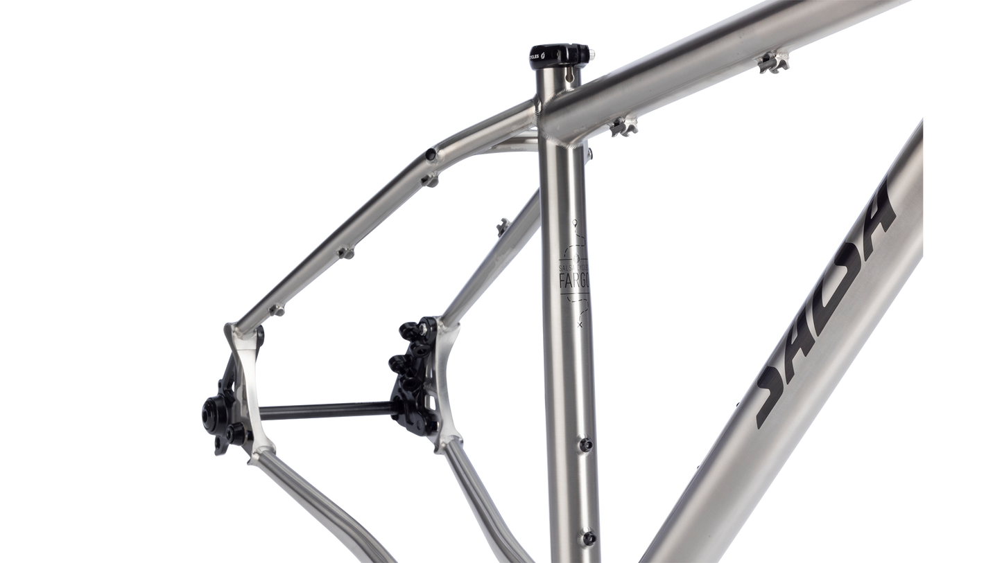 Salsa Fargo Ti Gravel Bike Frameset - Brushed Titanium - Top half of frame closeup with "Fargo" branding