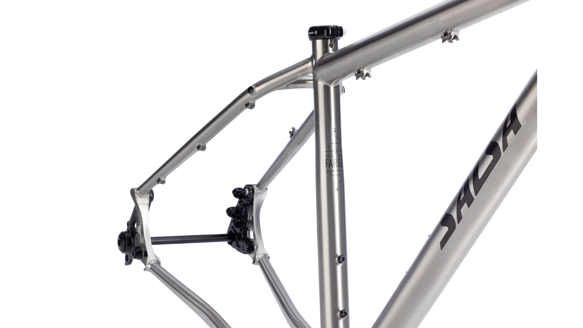 Salsa Fargo Ti Gravel Bike Frameset - Brushed Titanium - Top half of frame closeup with "Fargo" branding
