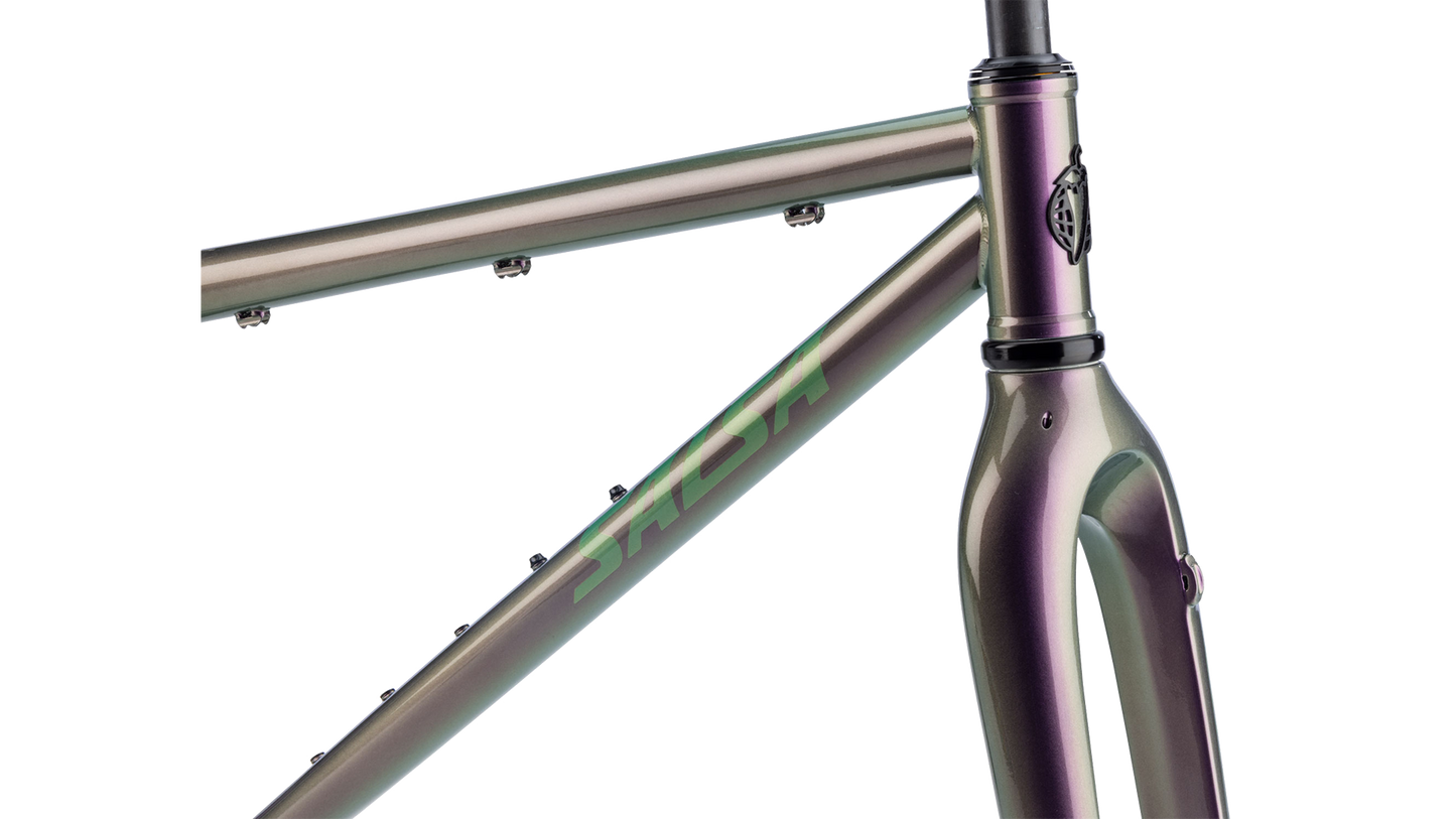 Salsa Fargo 32 Steel Framset - Pearl Orchid - headtube closeup view