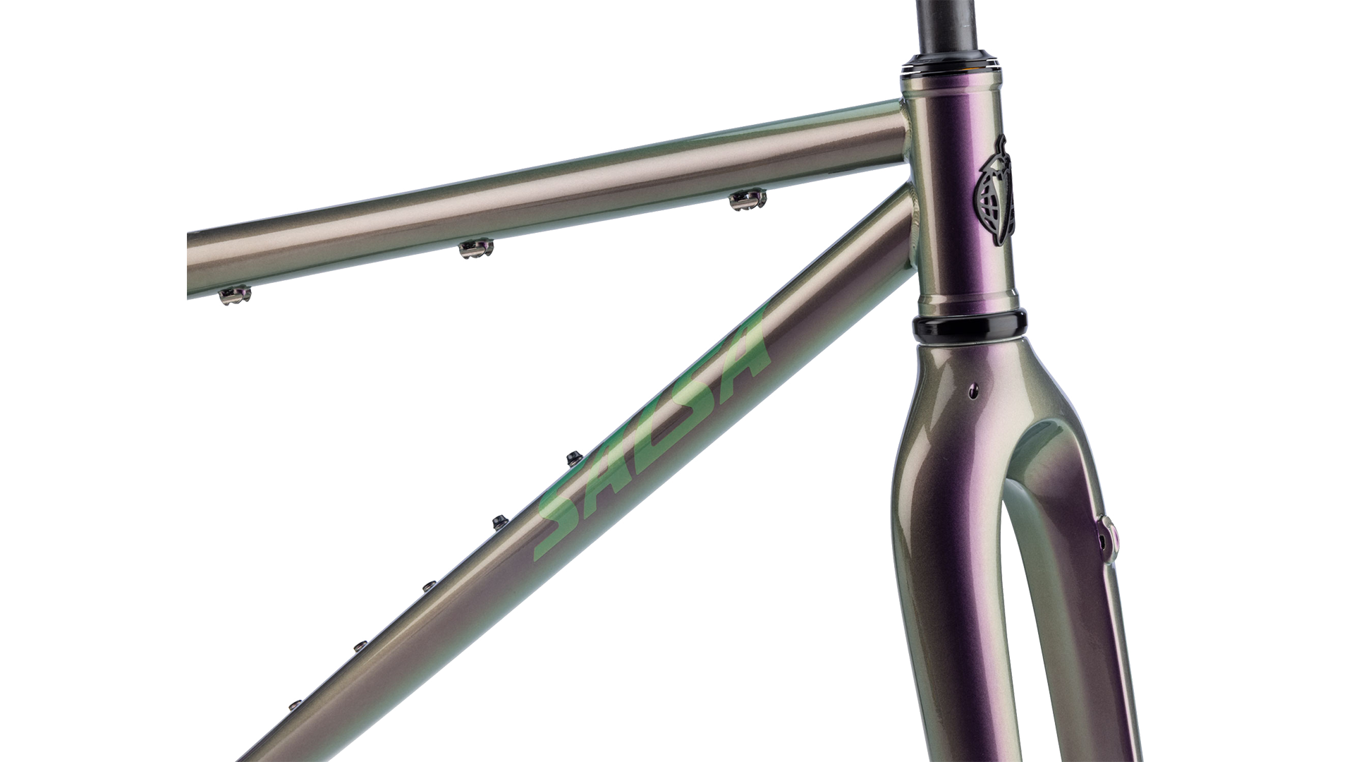Salsa Fargo 32 Steel Framset - Pearl Orchid - headtube closeup view