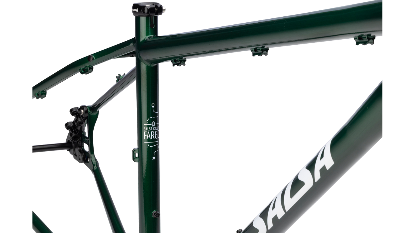 Salsa Fargo Gravel Bike Frameset - Peat Moss - Seat tube closeup with "Fargo" branding