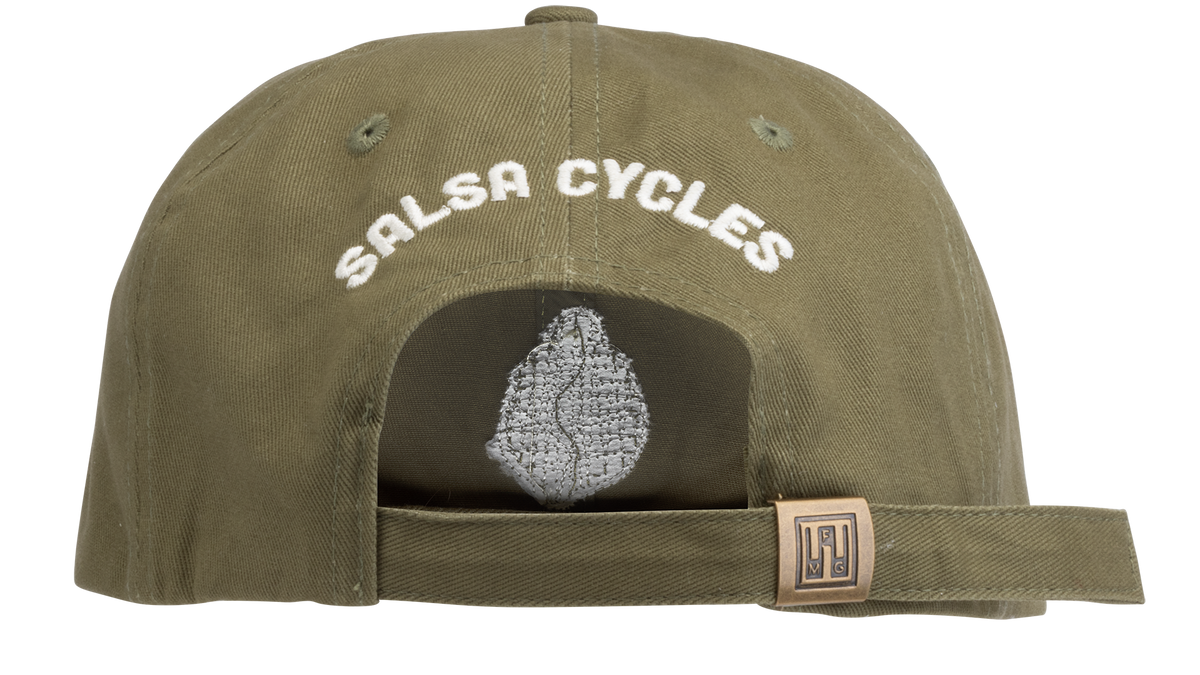 An olive green flat-brim baseball cap featuring 'Salsa Cycles' on the back