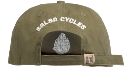 An olive green flat-brim baseball cap featuring 'Salsa Cycles' on the back