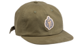 An olive green flat-brim baseball cap featuring a circular embroidered patch on the front with a pepper