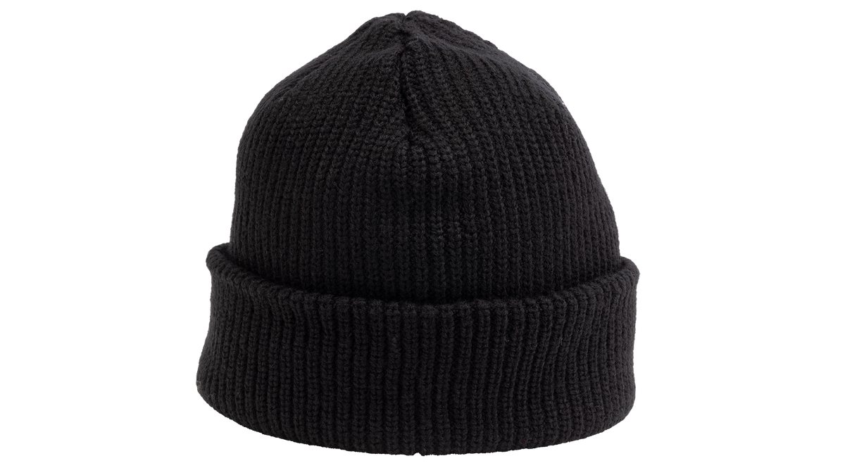 A classic black ribbed knit beanie hat with a folded cuff, shown against a plain white background.
