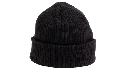 A classic black ribbed knit beanie hat with a folded cuff, shown against a plain white background.