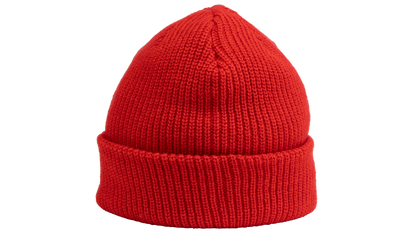 A bright red ribbed knit beanie hat with a folded cuff, shown against a plain white background.