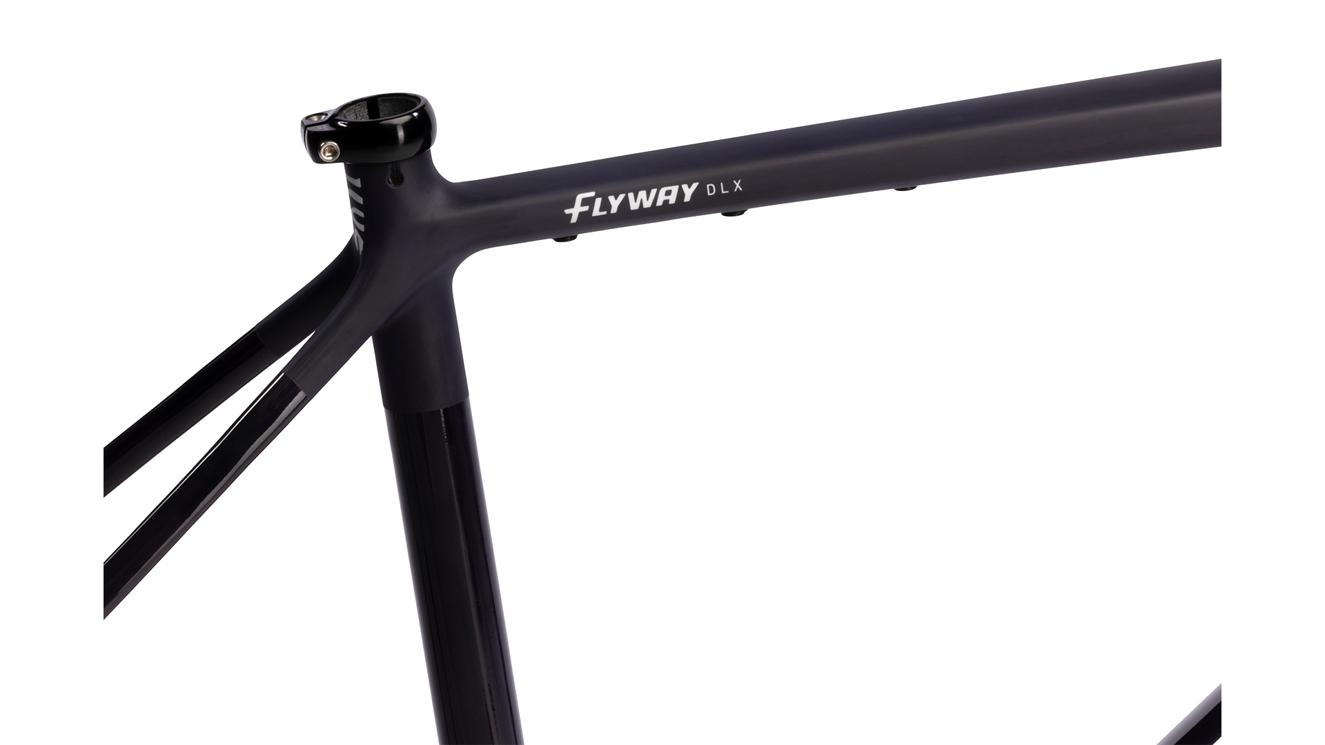 Salsa Flyway DLX Carbon Frameset - Midnight - Closeup of top tube and seat tube with "Flyway DLX" branding