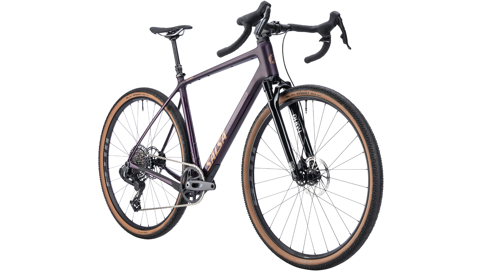 Salsa Flyway Rival XPLR Suspension gravel bike - Blackberry - front three quarter view