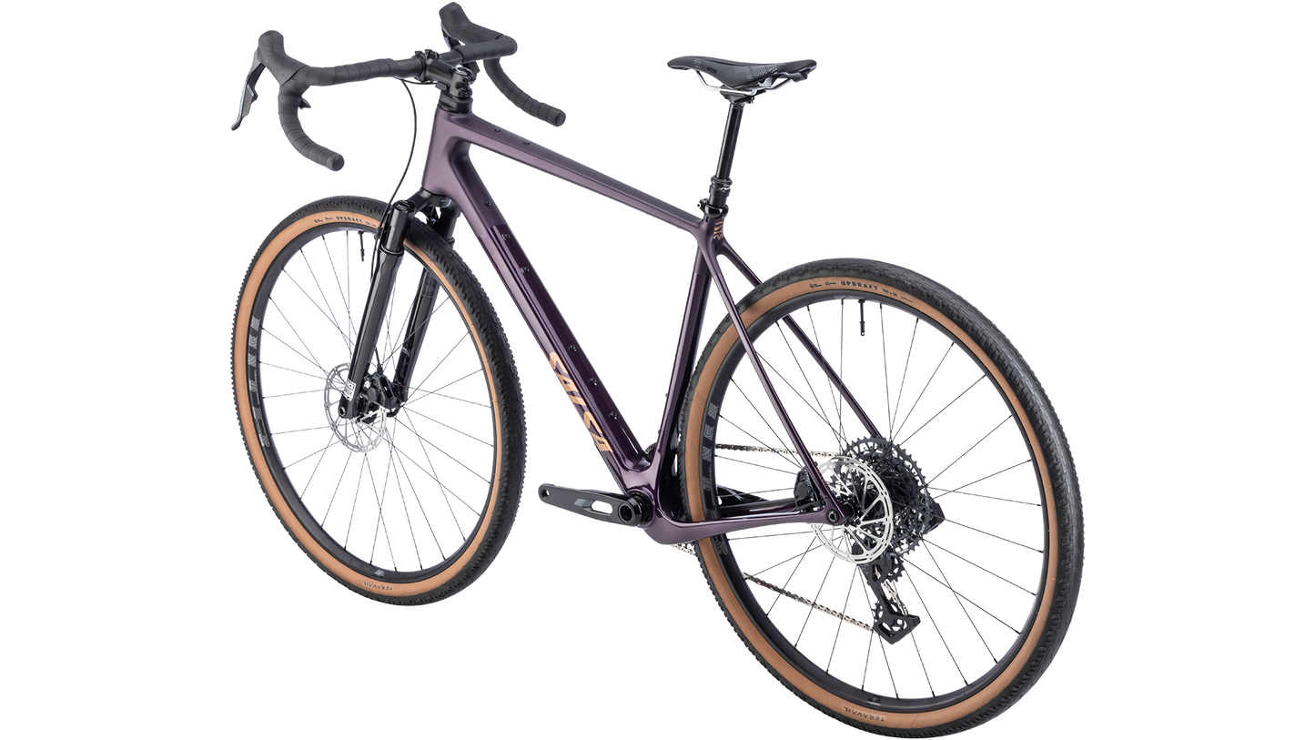 Salsa Flyway Rival XPLR Suspension gravel bike - Blackberry - rear three quarter view