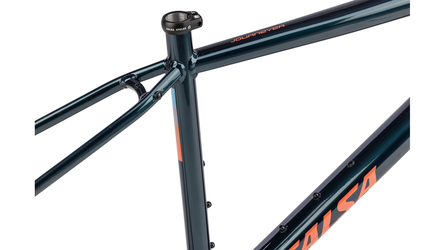 Salsa Journeyer Gravel Bike Frameset - Midnight Blue - Upper half of frame closeup with "Journeyer" branding