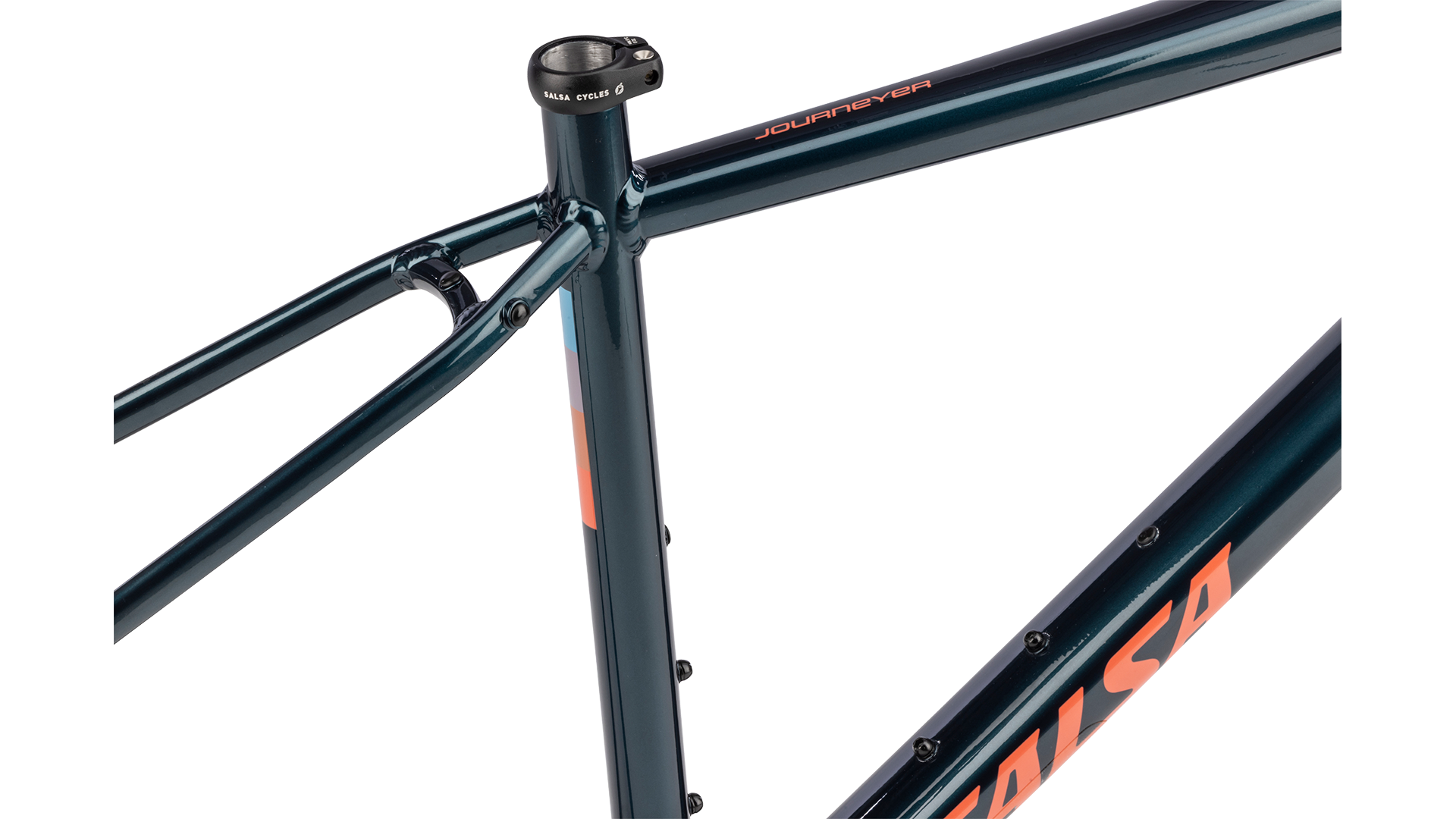 Salsa Journeyer Gravel Bike Frameset - Midnight Blue - Upper half of frame closeup with "Journeyer" branding
