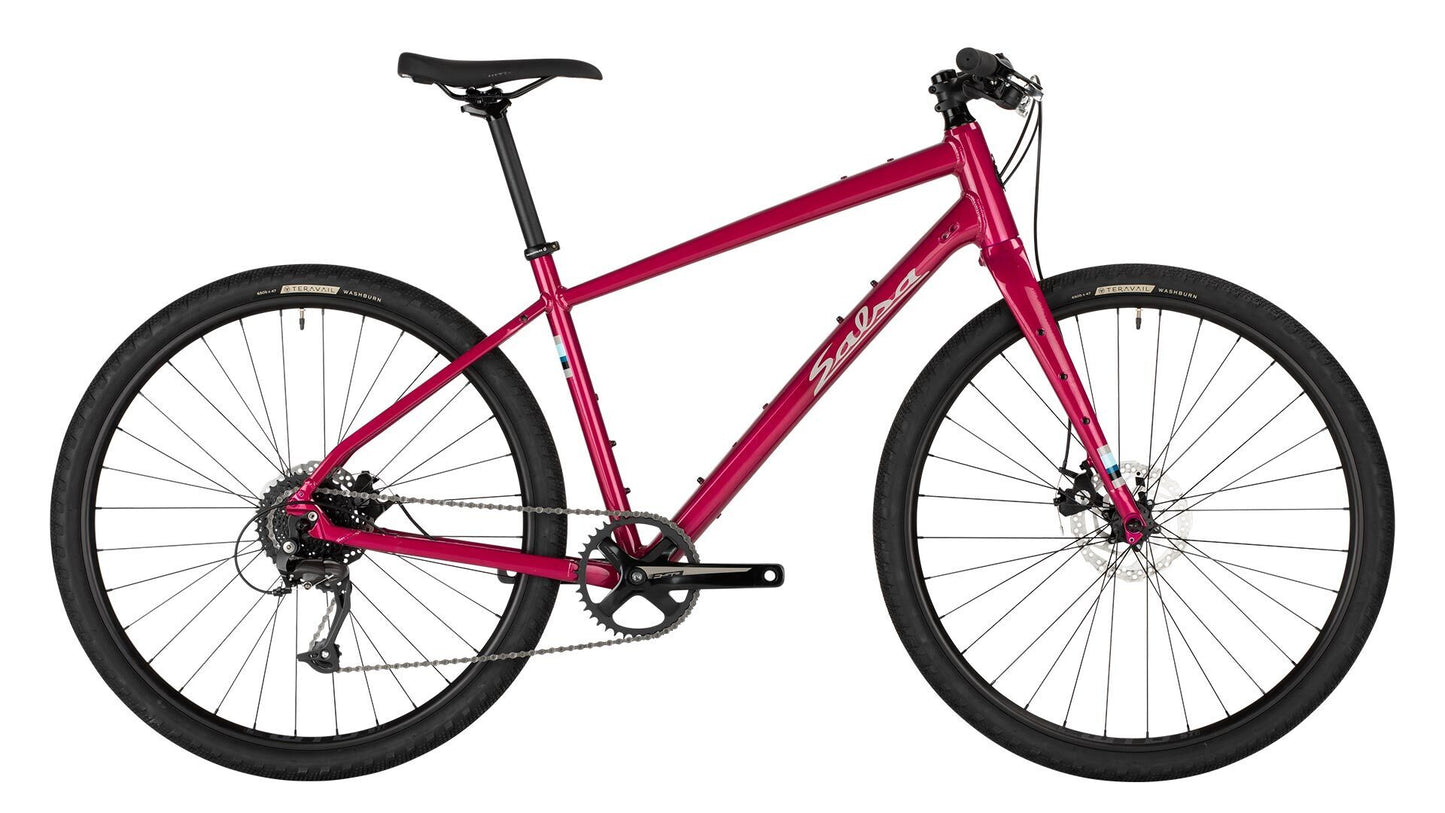 Salsa Journeyer Flat Bar Acolyte 650b bike magenta color side view