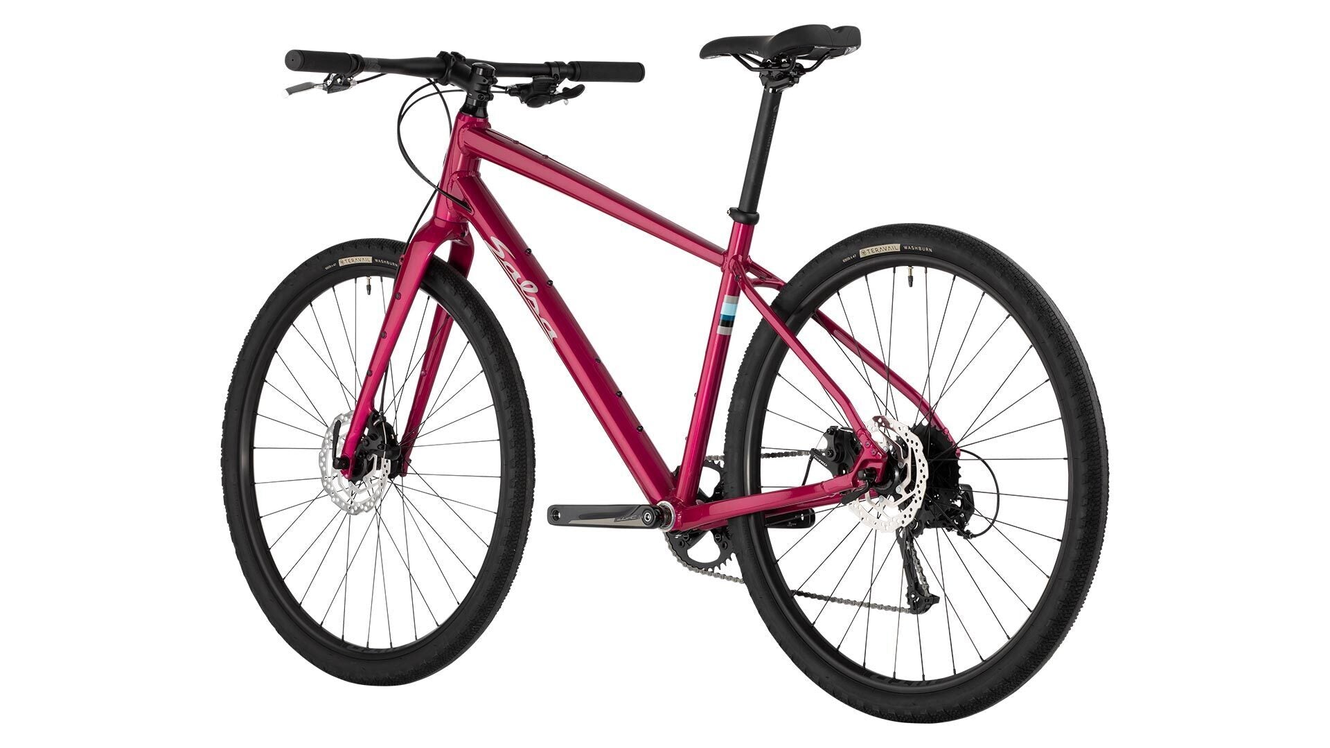 Salsa Journeyer Flat Bar Acolyte 650b bike magenta color rear three-quarter view