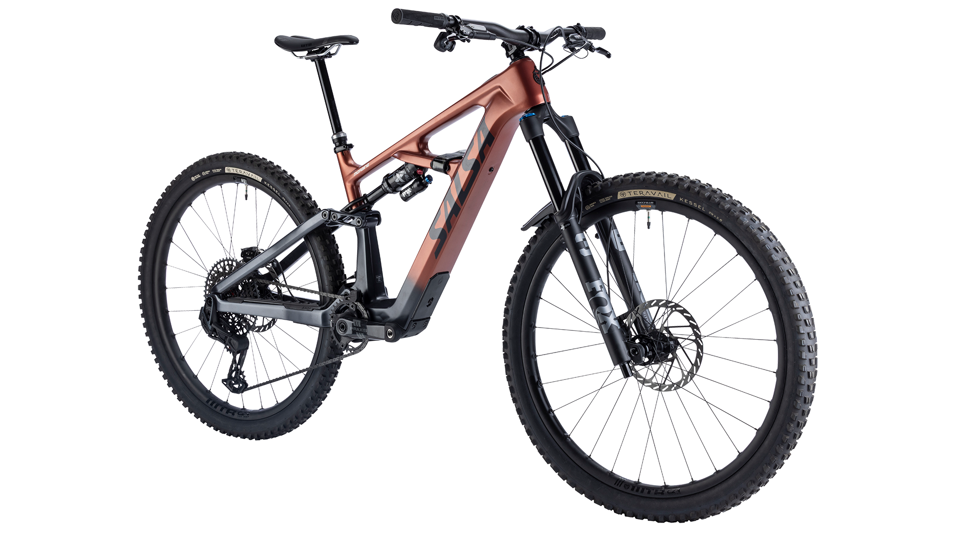 Salsa Moraine Carbon MTB Ebike - Charcoal/Red Cedar - Front three quarter view