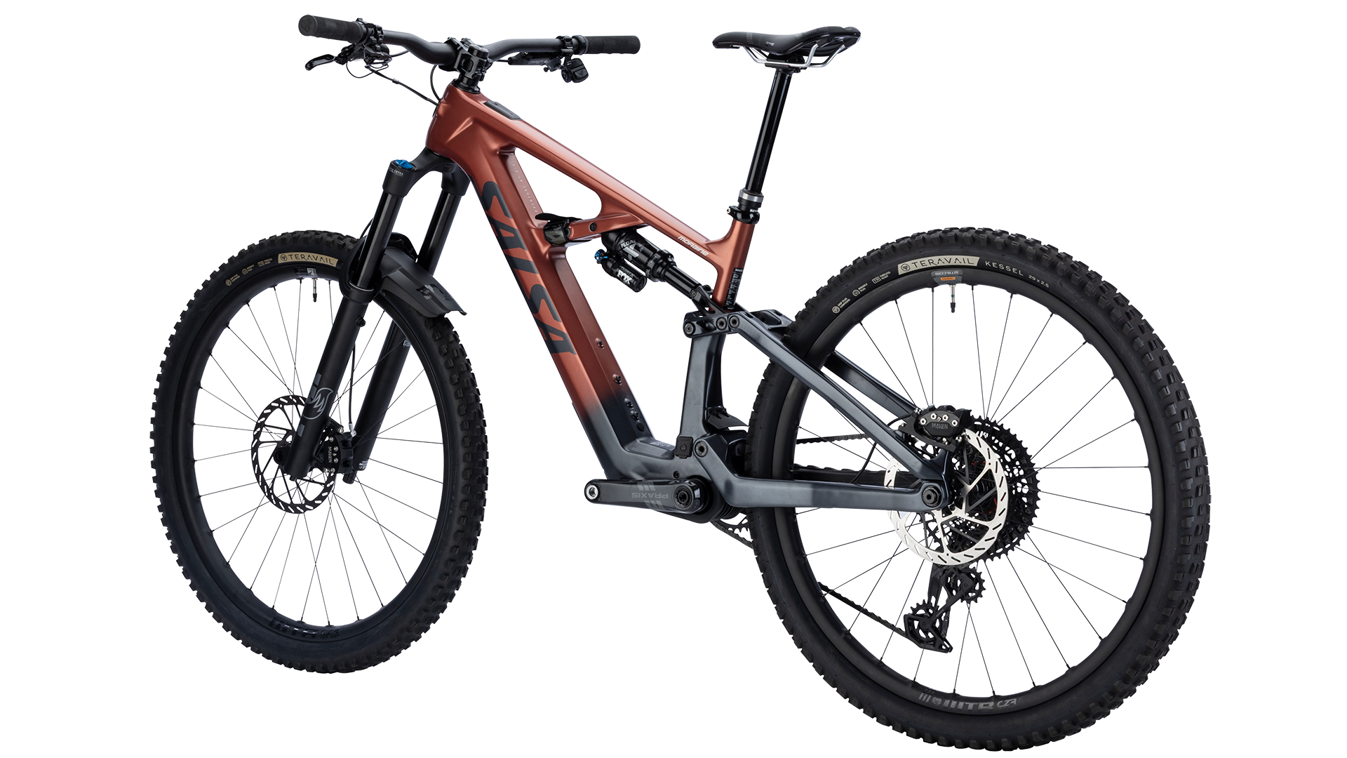 Salsa Moraine Carbon MTB Ebike - Charcoal/Red Cedar - Rear Three Quarter View
