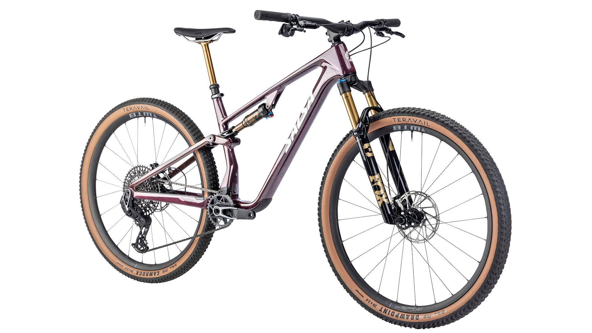 Salsa Spearfish DLX Full Sus MTB - Deep Orchid Carbon - Front three quarter view