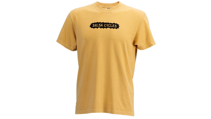 A yellow short-sleeve crewneck t-shirt with a black graphic on the chest that reads 'SALSA CYCLES' inside a jagged banner shape, shown against a plain white background.